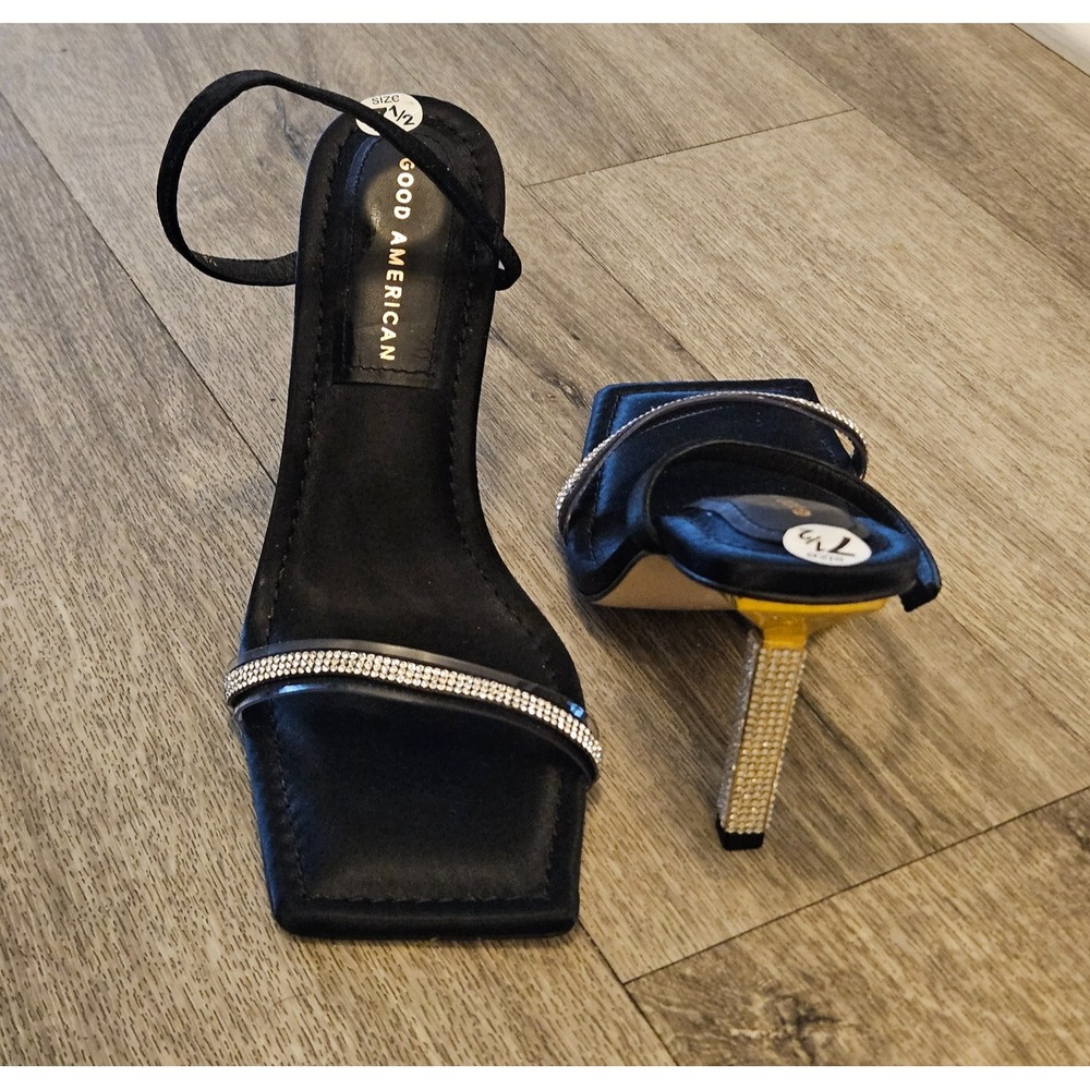 Good American Heels Black Satin Square Toe Slide Embellished Size 7.5 GA115K-X